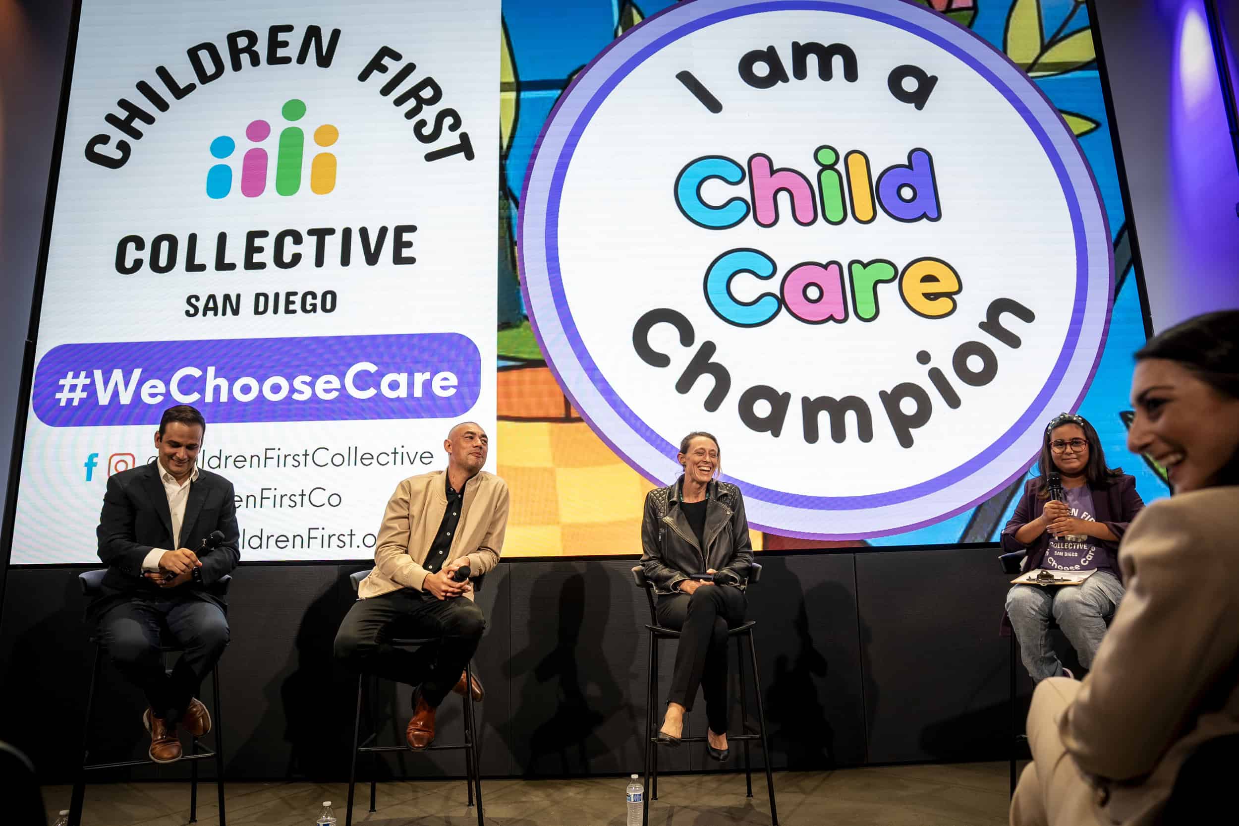 City councilmembers Raul Campillo and Sean Elo Rivera, county supervisor Terra Lawson Remer and Congresswoman Sara Jacobs at the We Choose Care event