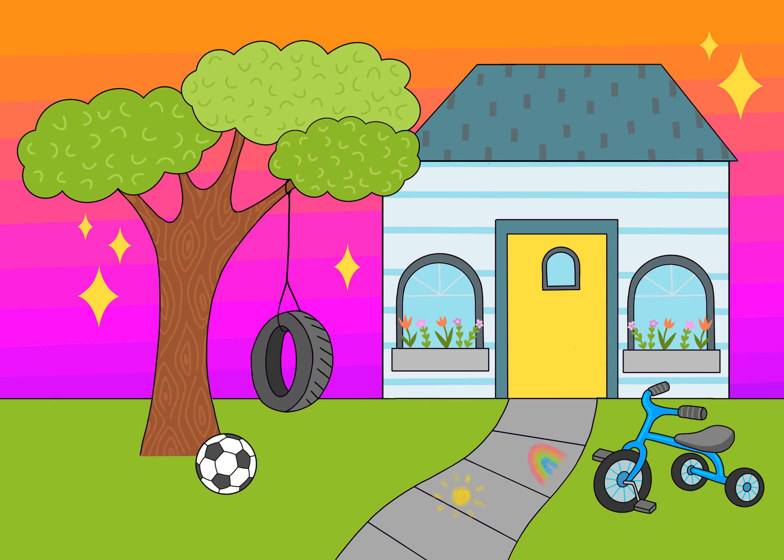 A drawing of a home with a tire swing and soccer ball out front