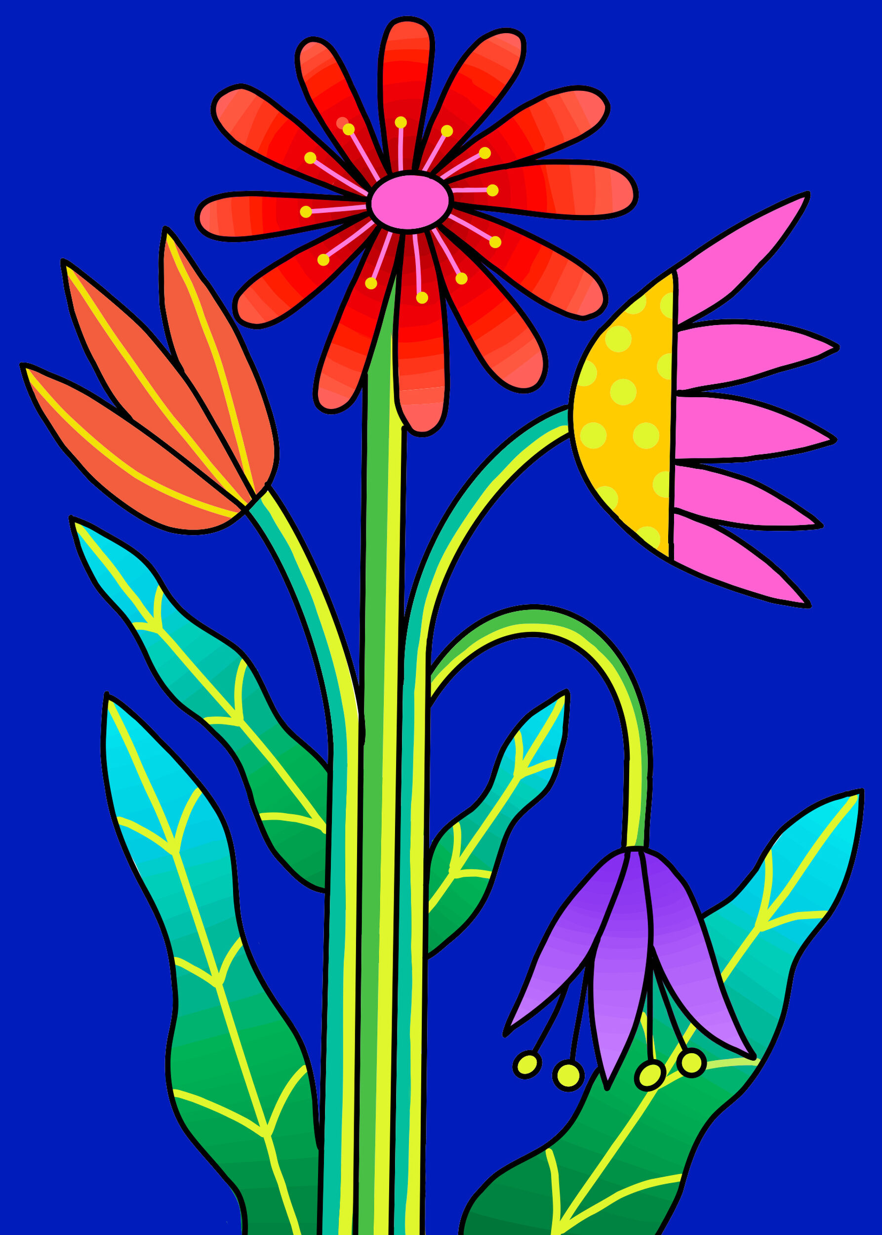 A drawing of a tall, colorful flower