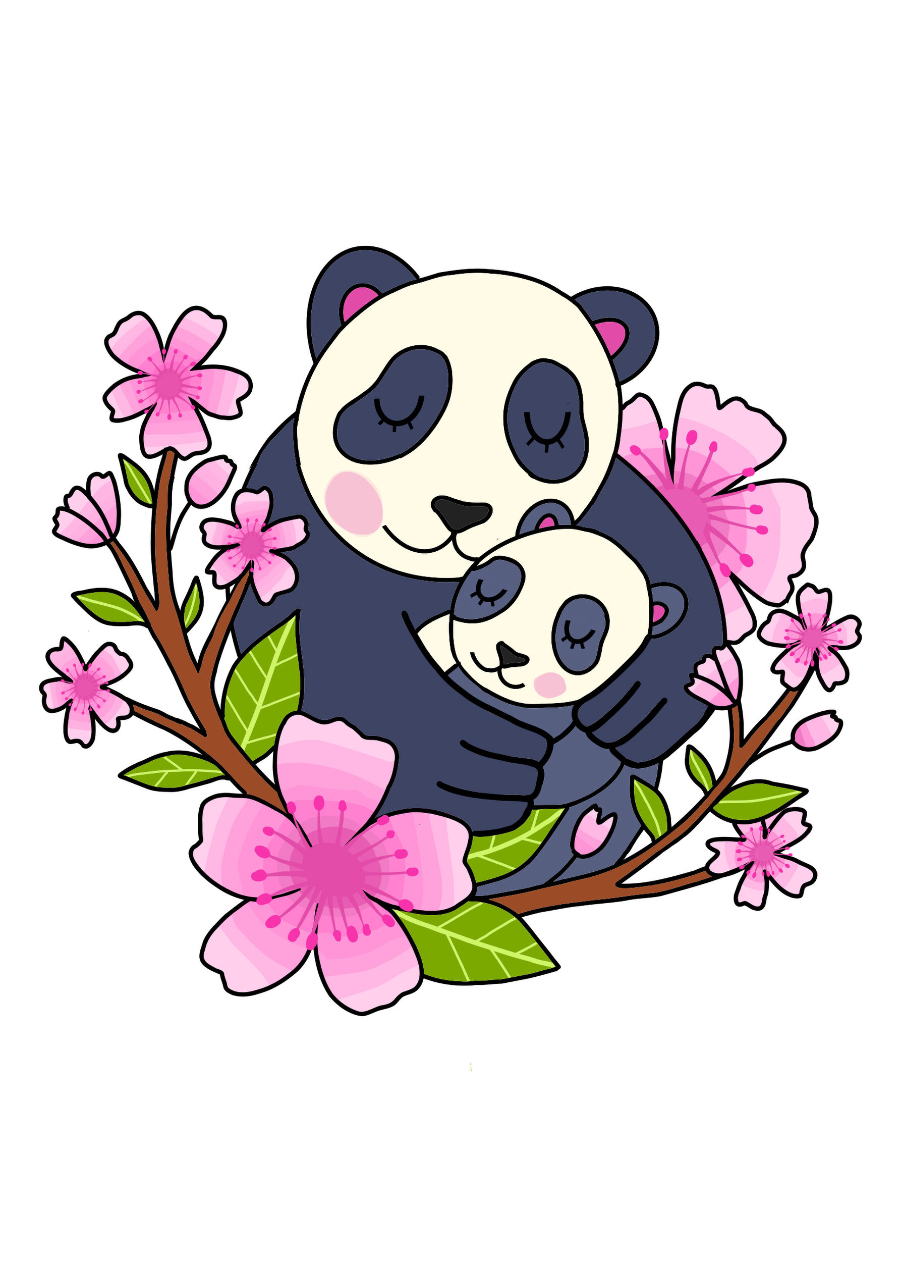 A drawing of a mother and child panda embracing