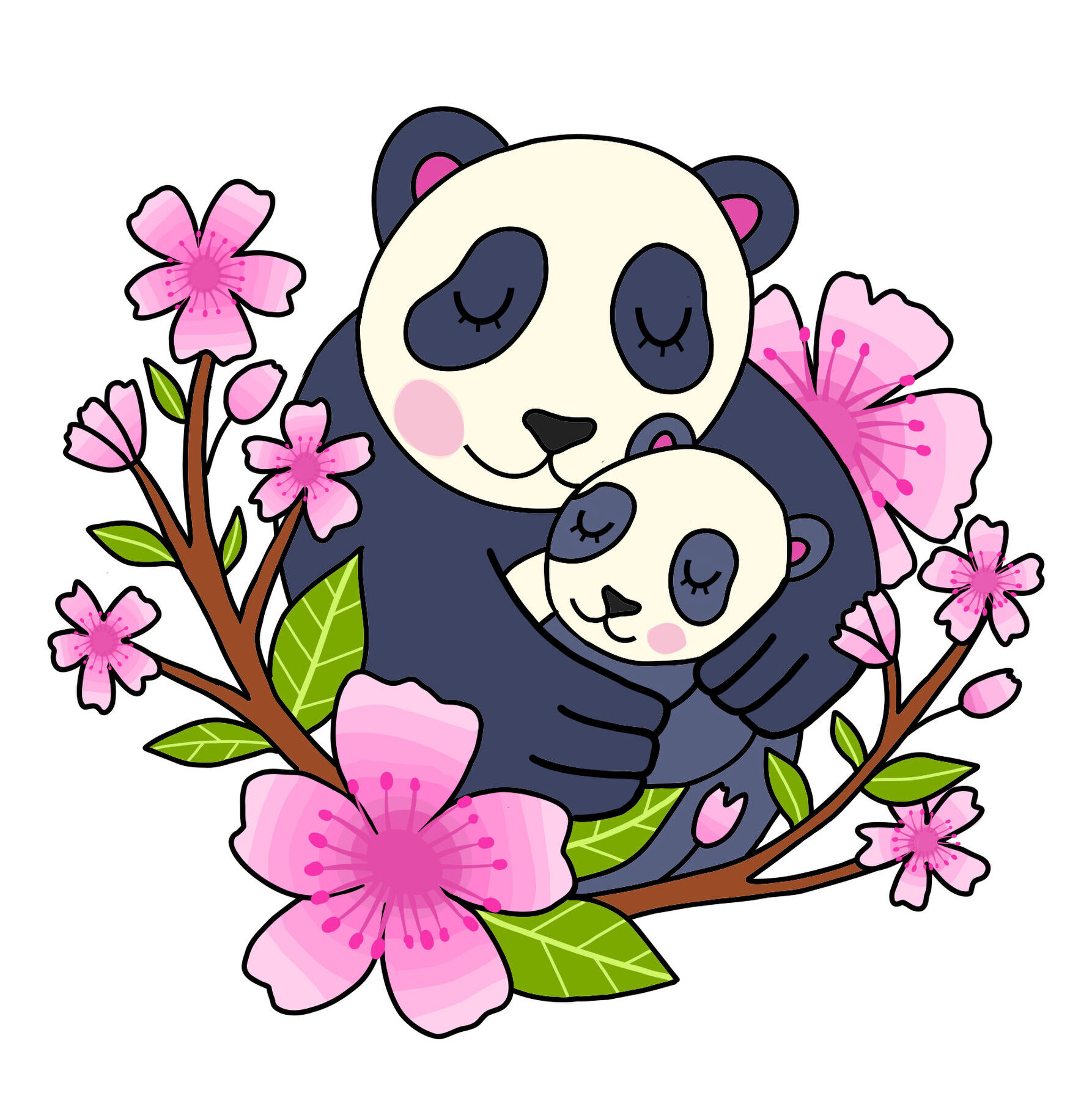 A drawing of a mother and child panda embracing